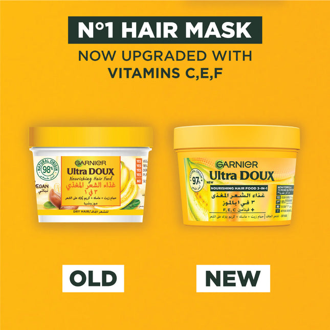 Garnier Ultra Doux Banana Vegan Hair Food 3in1 Mask for dry hair, Boosted with Vitamins C, E & F